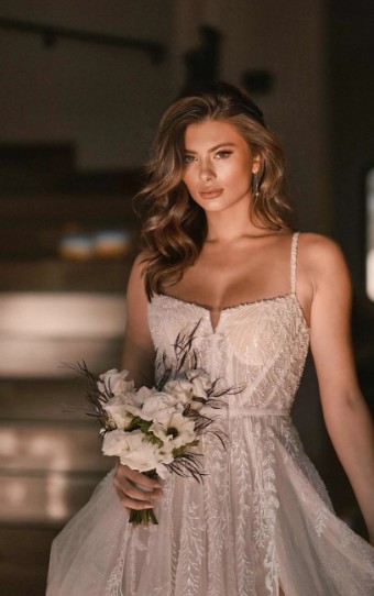 Martina Liana Palma 1490IZ #1 (IVIV-PL) Ivory Lace & Tulle over Ivory Gown w Porcelain Tulle Plunge thumbnail