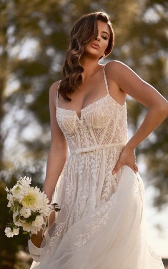 Martina Liana Palma 1490IZ #3 (IVIV-PL) Ivory Lace & Tulle over Ivory Gown w Porcelain Tulle Plunge thumbnail