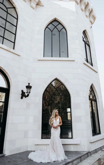 Stella York Siera 7479 #1 (IVBC-PL) Ivory Lace & Tulle ov Biscotti Gown w Porcelain Tulle Plunge thumbnail