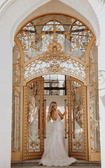 Stella York Siera 7479 #9 (IVBC-PL) Ivory Lace & Tulle ov Biscotti Gown w Porcelain Tulle Plunge thumbnail