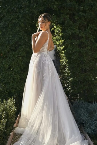Essense Bluebell D3799 #2 (IVRM-PL) Ivory Lace & Tulle over Rum Gown w Porcelain Tulle Plunge thumbnail