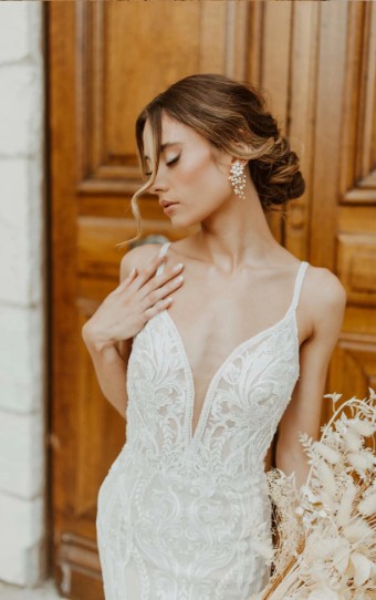 Essense Zinnia D3488 #3 (IVIV-PL) Ivory Lace & Tulle over Ivory Gown w Porcelain Tulle Plunge thumbnail