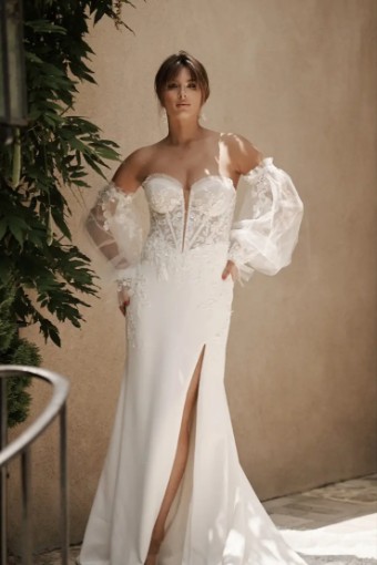 Martina Liana Aspen with Front Split & Sleeves 1710IV17 #0 default (IV-PL) Ivory Gown w Porcelain Tulle Plunge thumbnail
