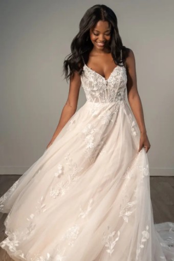 Stella York Sylvia 8017IZ #1 (IVIV-PL) IVR LACE & TULLE OVER IVORY GOWN W PORCELAIN TULLE PLUNGE thumbnail