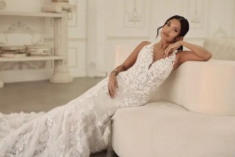 Martina Liana Brooks ML1908 #2 (IVRM-PL) Ivory Lace & Tulle over Rum Gown w Porcelain Tulle Illusion thumbnail