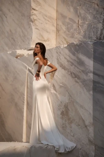 Milla Nova Sophia Loren Atelier Elegant Off-Shoulder Sheath Gown with Draped Slit Skirt #3 Ivory thumbnail