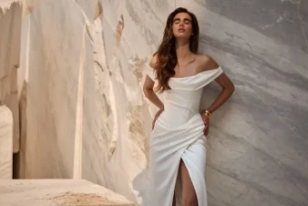 Milla Nova Sophia Loren Atelier Elegant Off-Shoulder Sheath Gown with Draped Slit Skirt #1 Ivory thumbnail