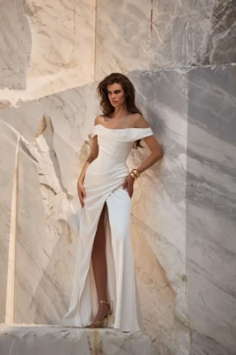 Milla Nova Sophia Loren Atelier Elegant Off-Shoulder Sheath Gown with Draped Slit Skirt #4 default Ivory thumbnail