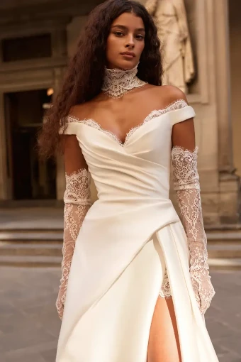 Milla Nova Julienne Elegant Off-Shoulder Gown with High Slit and Train #0 default Ivory thumbnail