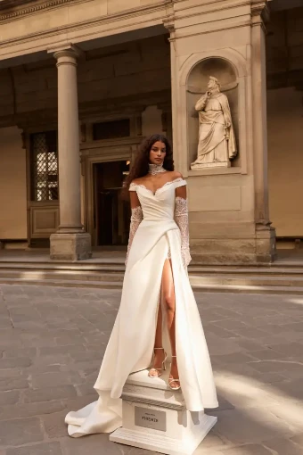 Milla Nova Julienne Elegant Off-Shoulder Gown with High Slit and Train #1 Ivory thumbnail