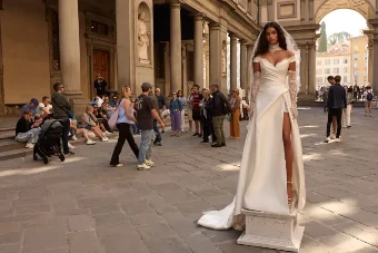 Milla Nova Julienne Elegant Off-Shoulder Gown with High Slit and Train #4 Ivory thumbnail